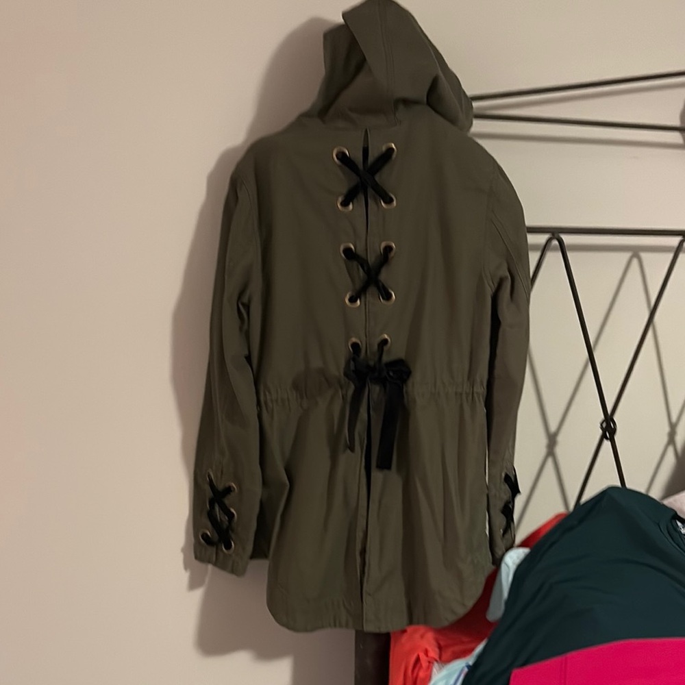 Olive Green Hooded Jacket with Lace-Up Details
